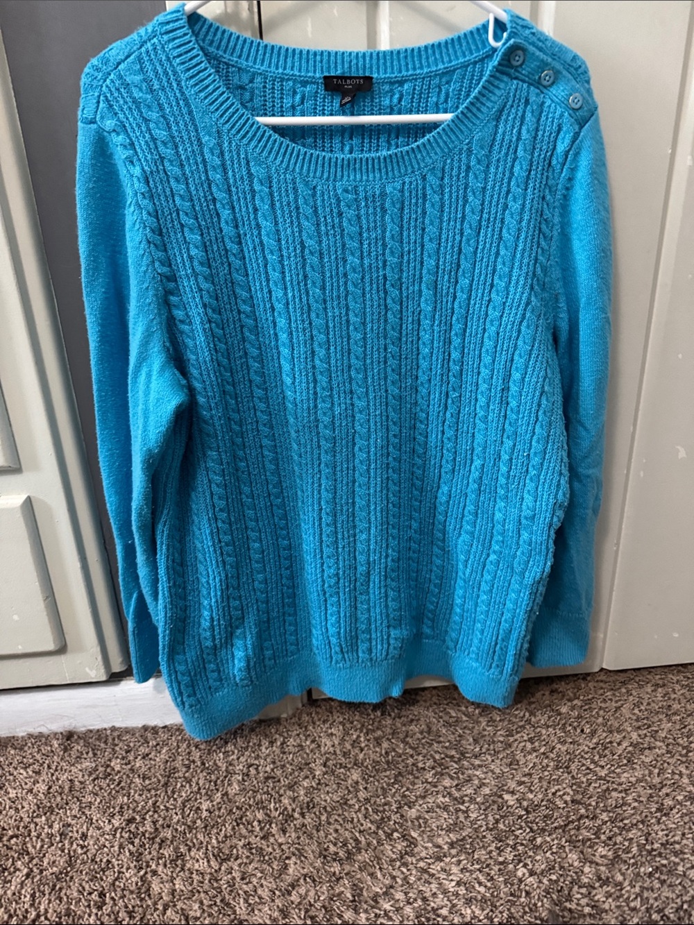 Talbots Turquoise Cable Knit Scoop-Neck Sweater with Shoulder Buttons